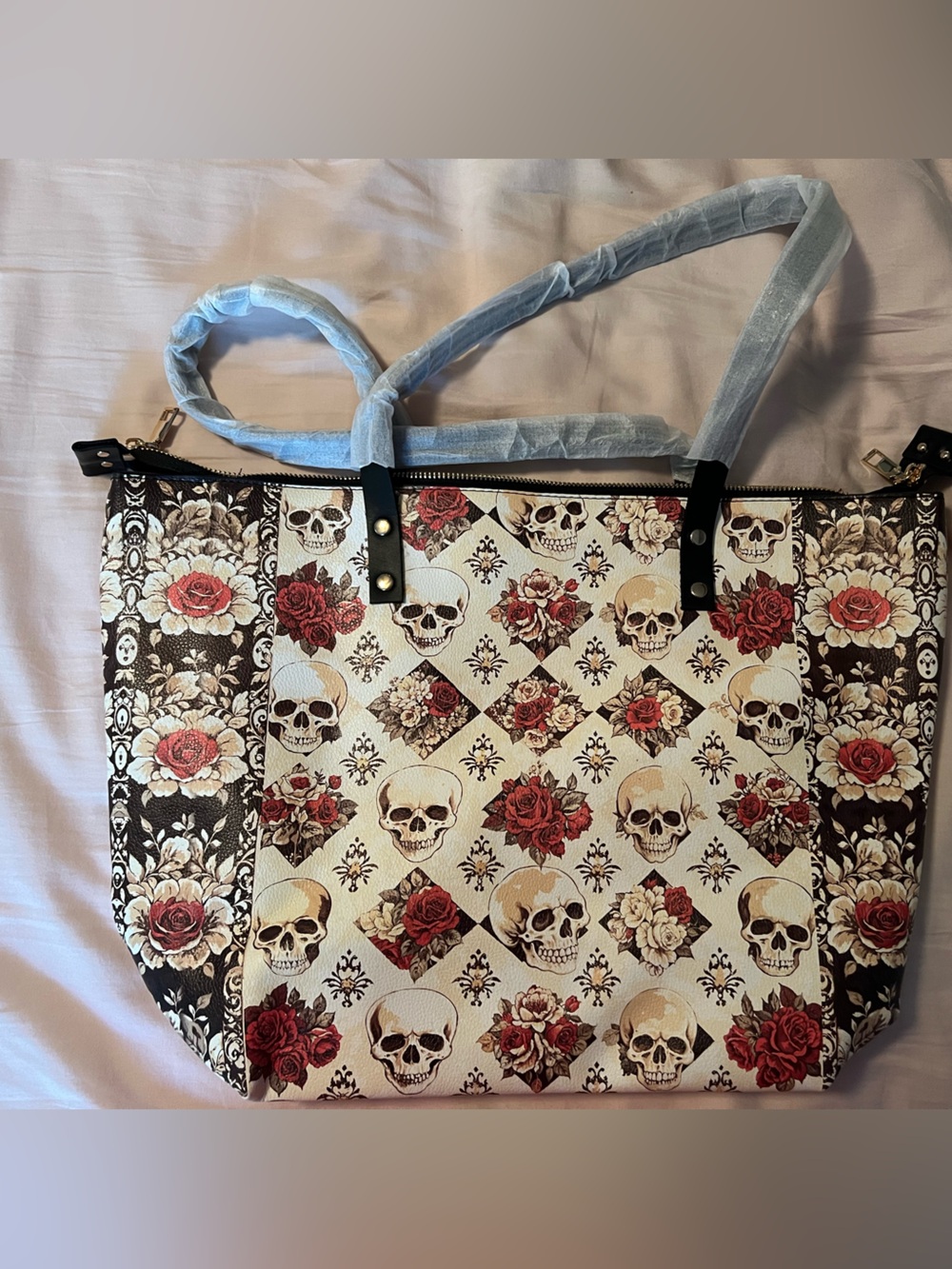 Floral Skull Print Tote Bag in Cream and Red + wallet